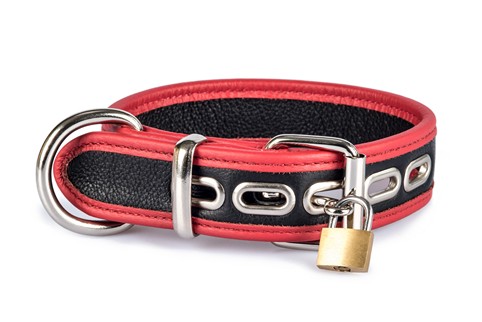 32mm Lockable Bondage Collar soft leather with red trim and D~Ring #2