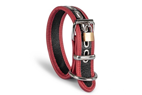 32mm Lockable Bondage Collar soft leather with red trim and D~Ring